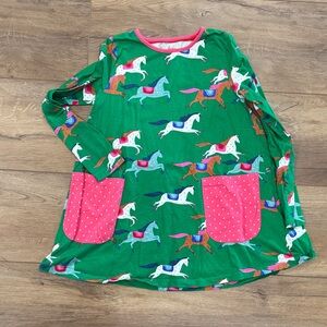 Mini Boden Green Horse-Print Long-Sleeve dress with Pink Pockets